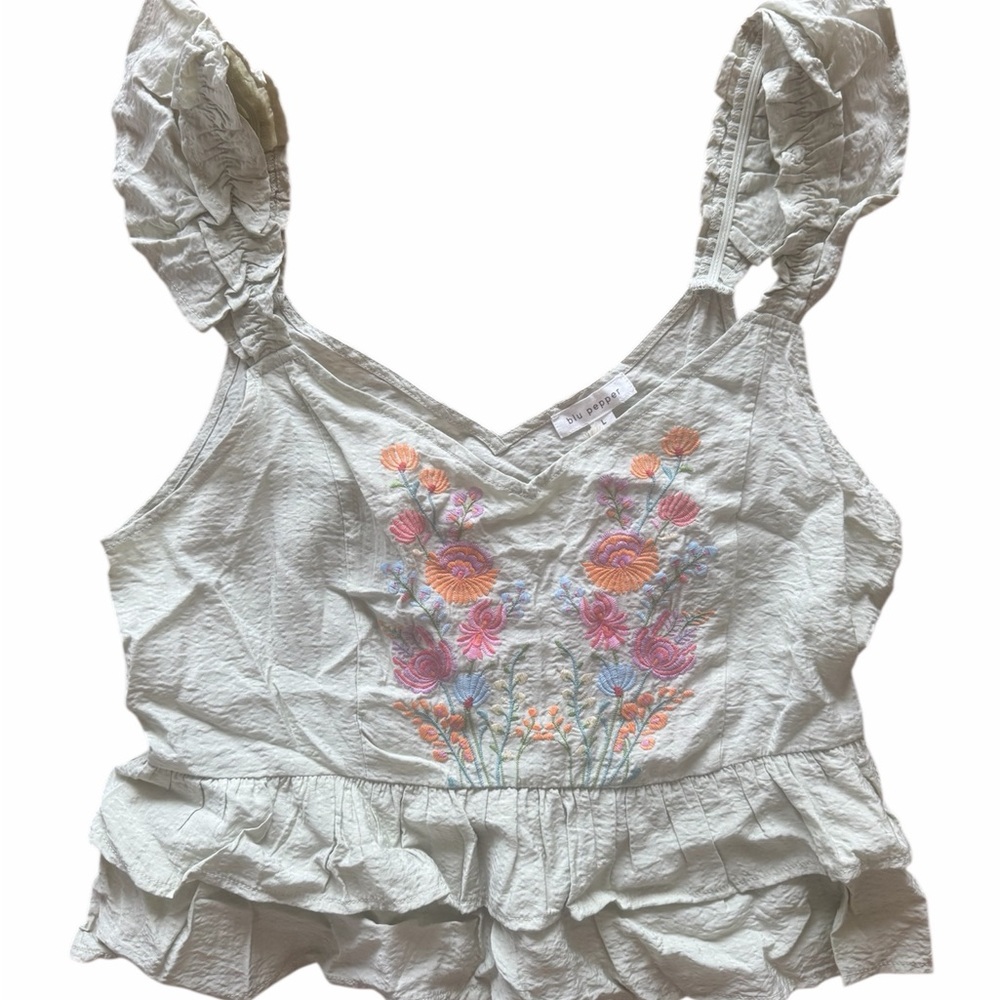 Blu Pepper Floral Embroidered Crop Top - Light Green